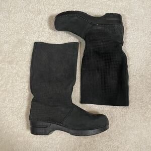 Sanita Danish Clogs Suede Boots Flat Basketweave Black Mid Calf 40 9.5